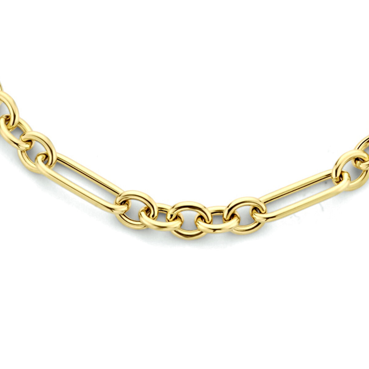 Gouden dames ketting van 14K met een schakelpatroon van ovale en rechte schakels.