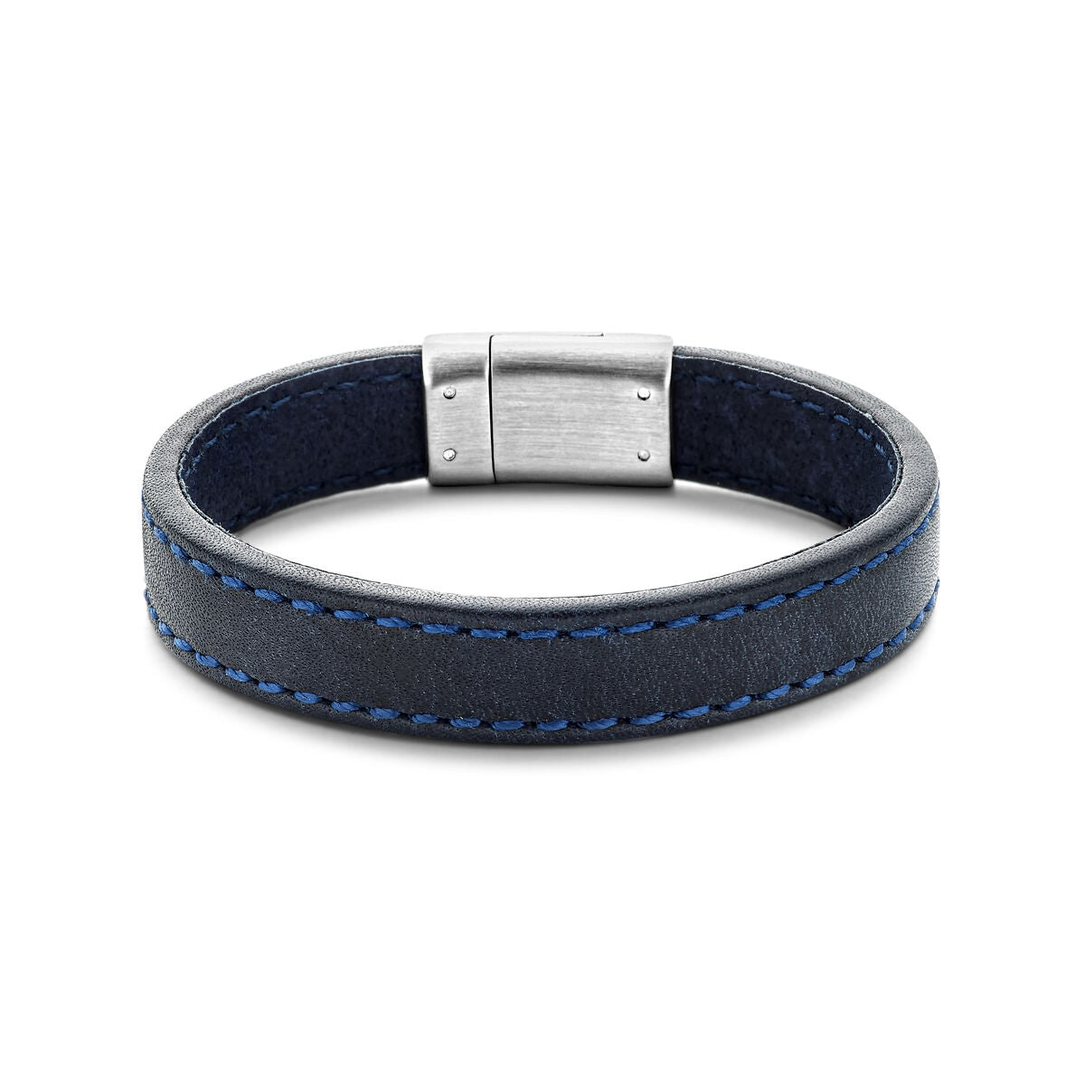 Donkerblauwe leren armband van 12,5 mm met stiksels en een edelstalen sluiting.