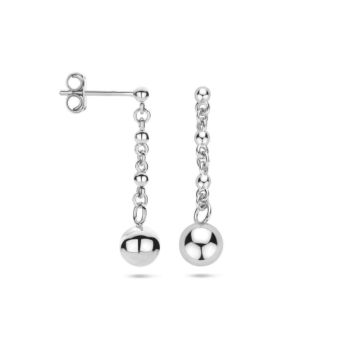 Zilveren gerhodineerde oorhangers met bolletjes van 25 mm en een schakelketting.