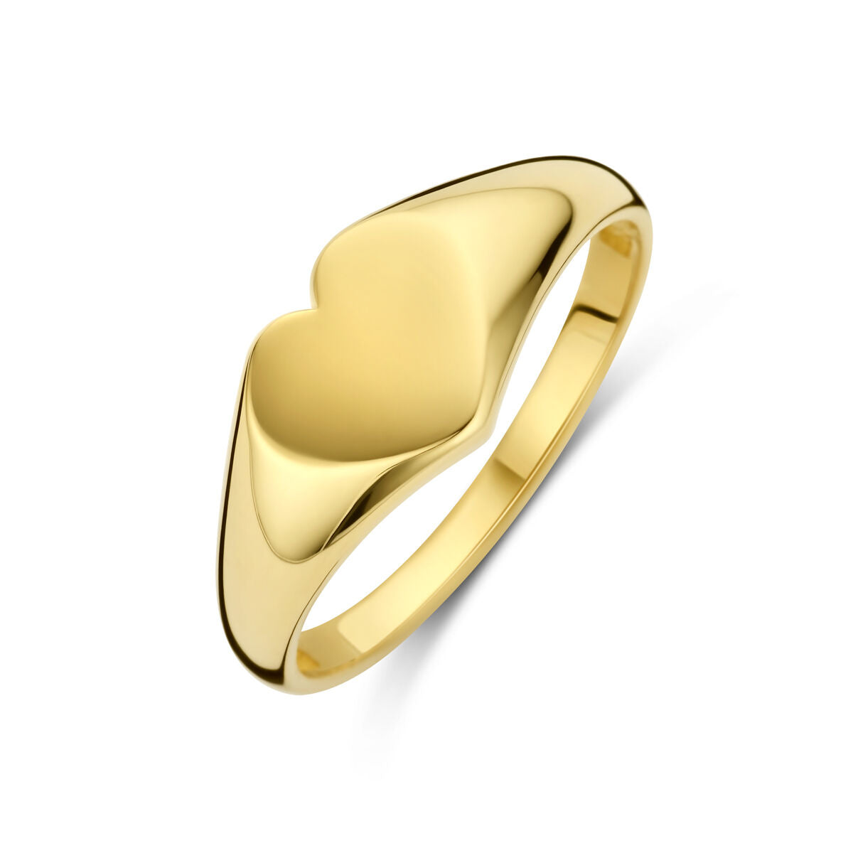 De Van der Kooij Collectie ring hartje 14K geelgoud is een gepolijste geelgouden ring met een glad, hartvormig ontwerp op een eenvoudige band, afgebeeld tegen een witte achtergrond.