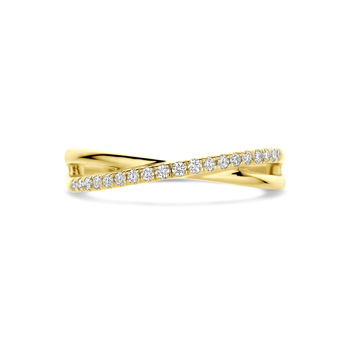 De Van der Kooij Collectie ring lab-grown diamant 0.15ct H SI in 14K geelgoud heeft een elegante crossover met één band bezet met fonkelende lab-grown diamanten en de andere band blij gepolijst.