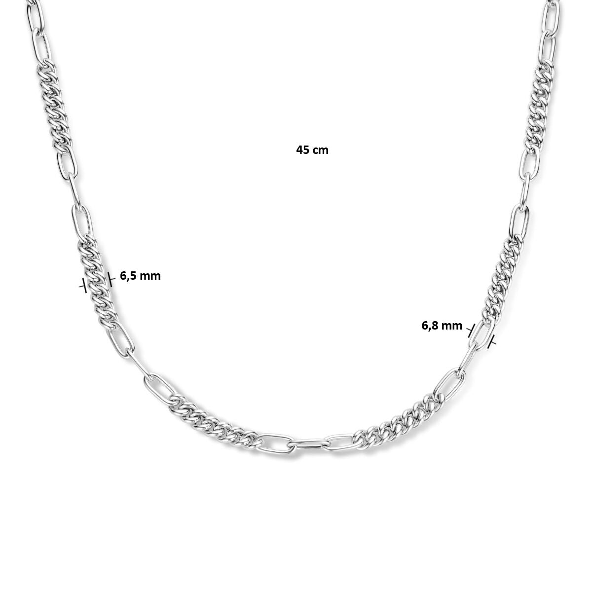 combination necklace gourmette and paper clip round tube 6.8 mm 45 cm silver rhodium plated