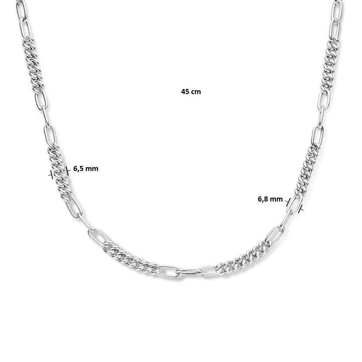 combination necklace gourmette and paper clip round tube 6.8 mm 45 cm silver rhodium plated