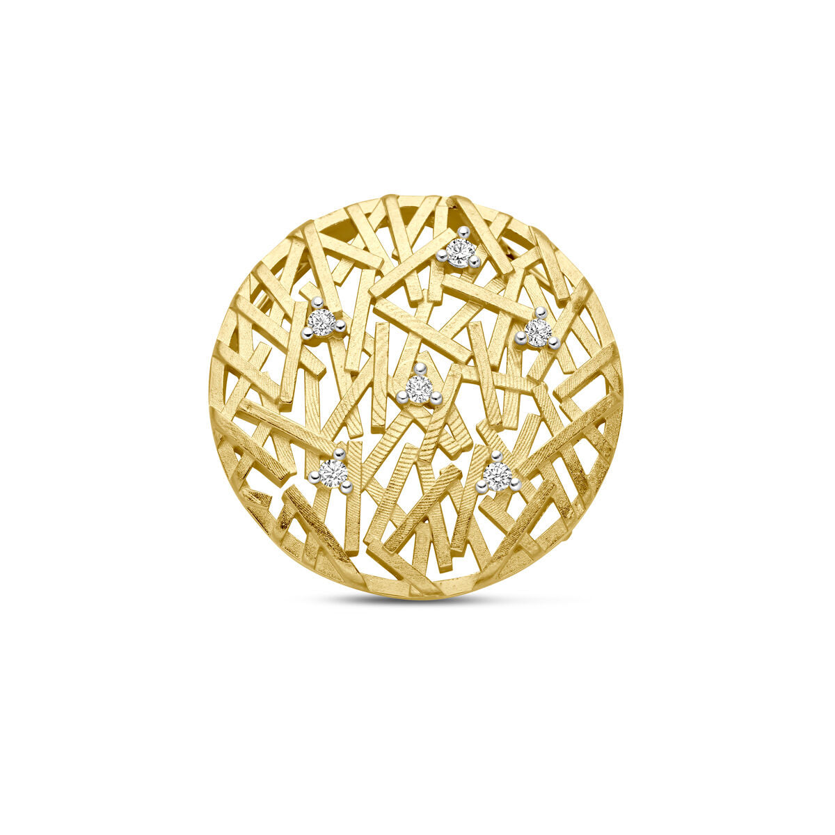 Hanger van 14K geelgoud met een abstracte structuur en vijf diamanten van 0.075 ct in H SI kwaliteit.