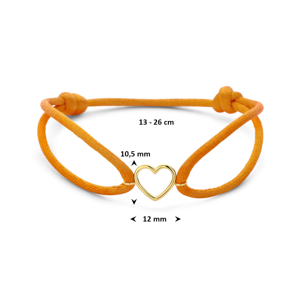Oranje satijn armband met 14k geelgouden hartje