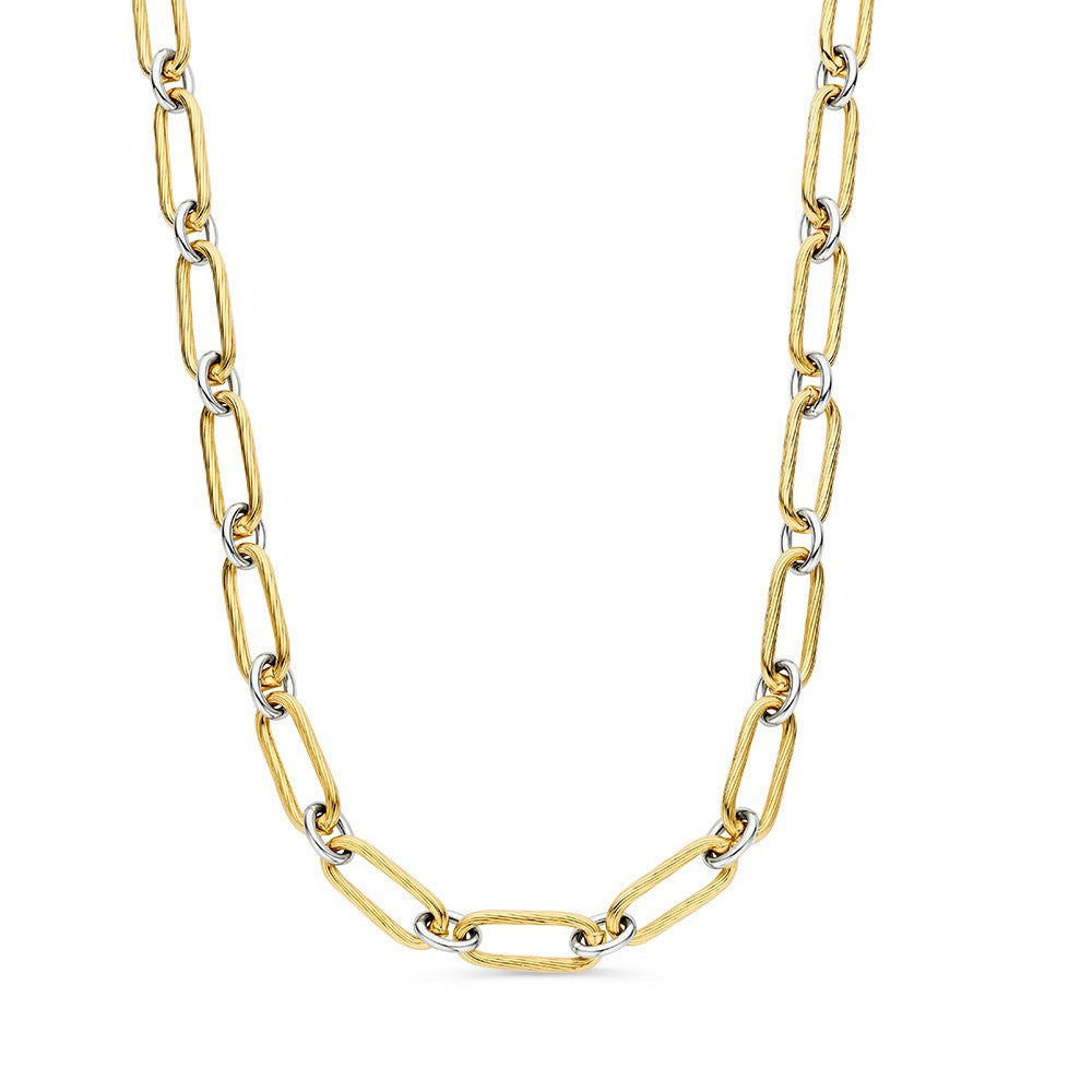 Bicolor collier met een schakelpand in goud en zilver, met een moderne, stevige uitstraling.