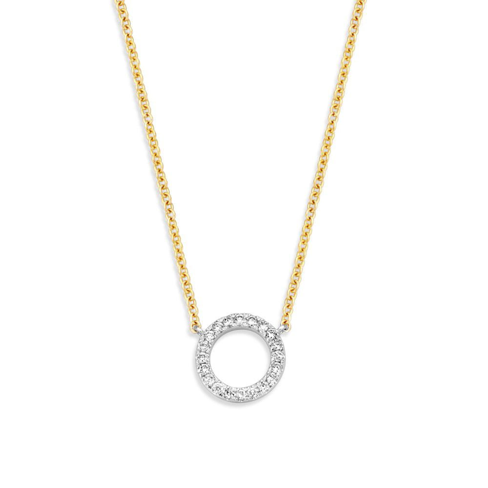 Geelgouden collier met een ronde diamanten hanger, 14 karaat, met een glanzende afwerking.
