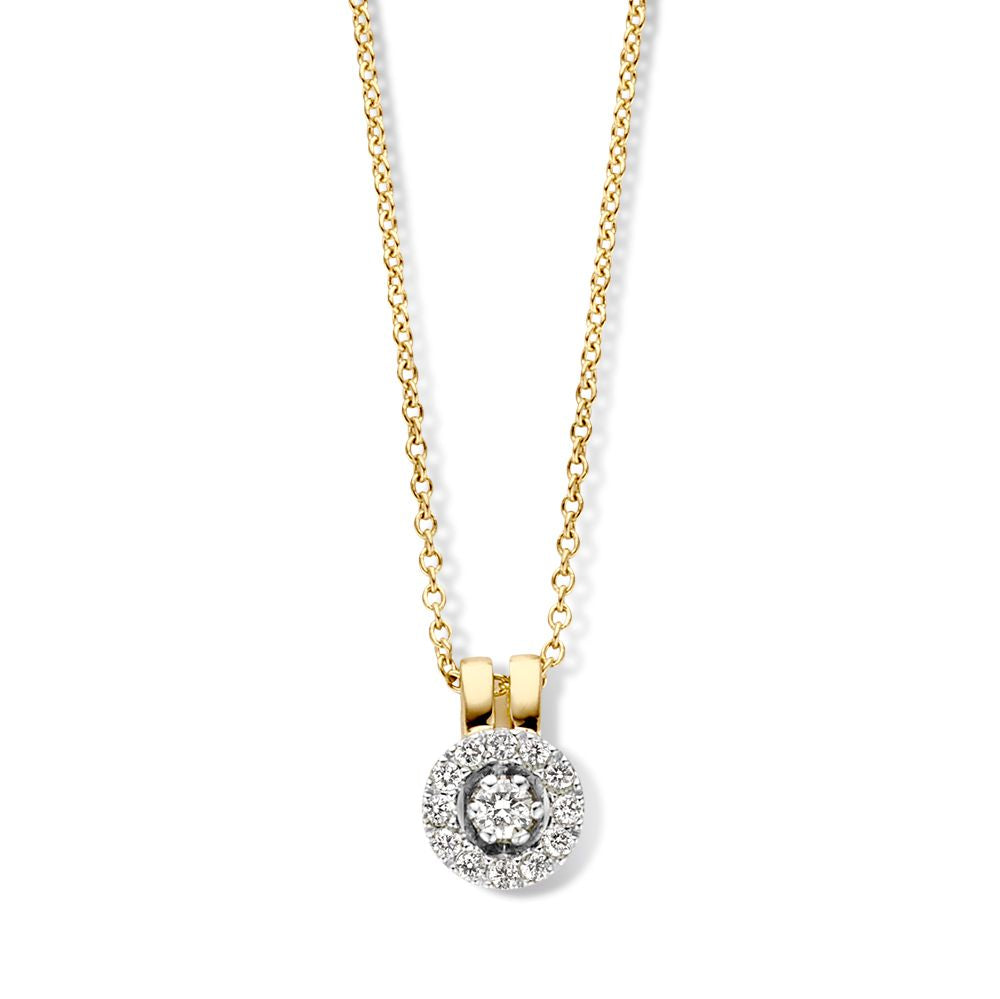 Gouden ankerschakelketting met diamanten entourage hanger, 0.12 crt, in bloemvorm.
