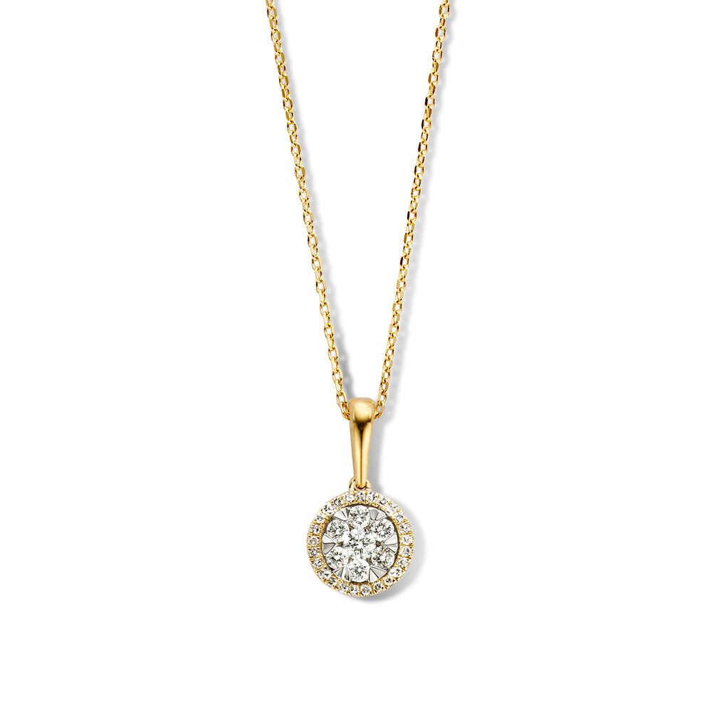Geelgouden collier met ronde diamanten hanger in invisible zetting, totaal 0.23 crt.