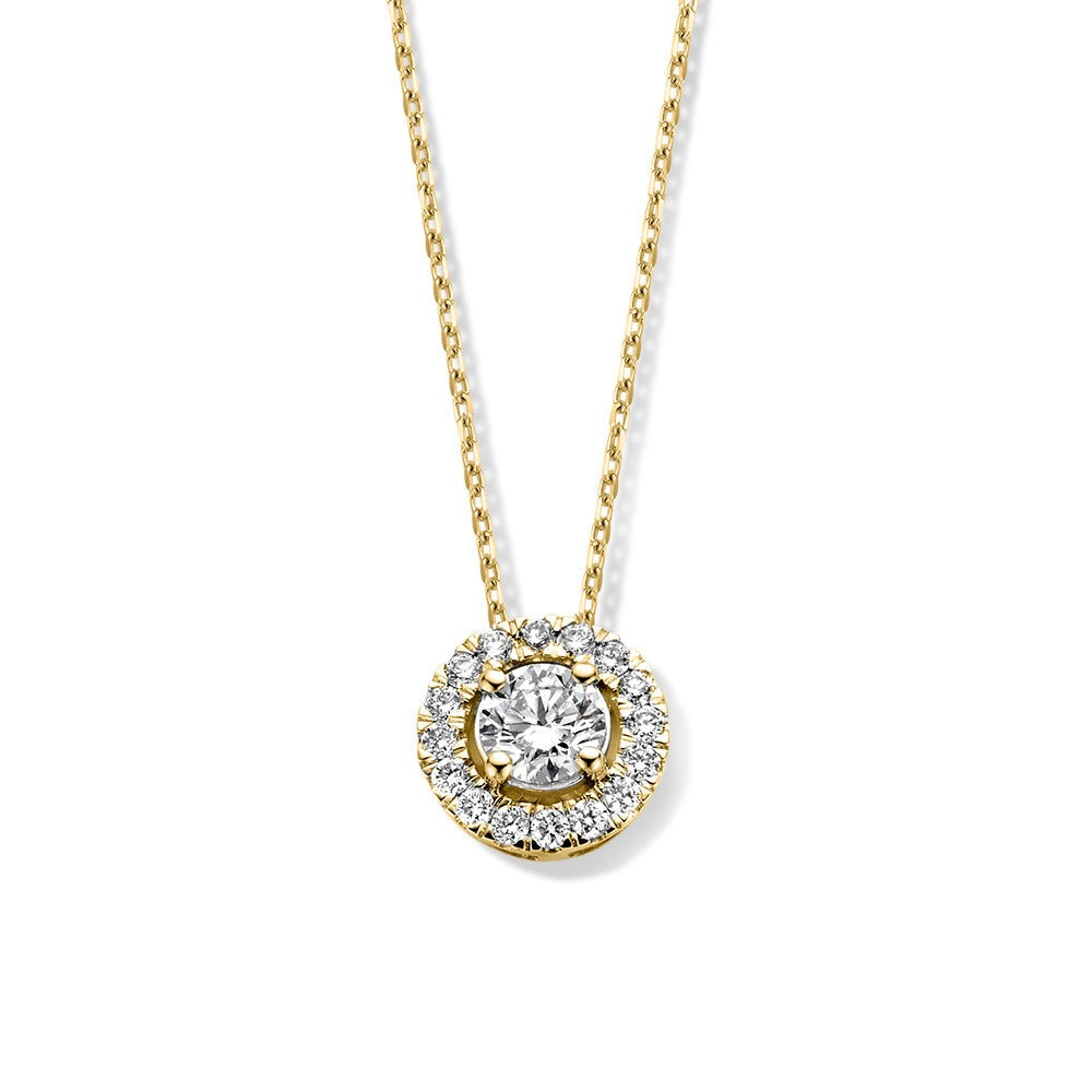 Collier van geelgoud met een ronde hanger bezet met een centrale diamant en omliggende kleine steentjes.