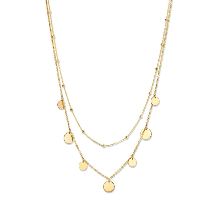 14K Geelgouden Collier met Dubbele Ketting en Coins – Modern Sieraad voor Dames