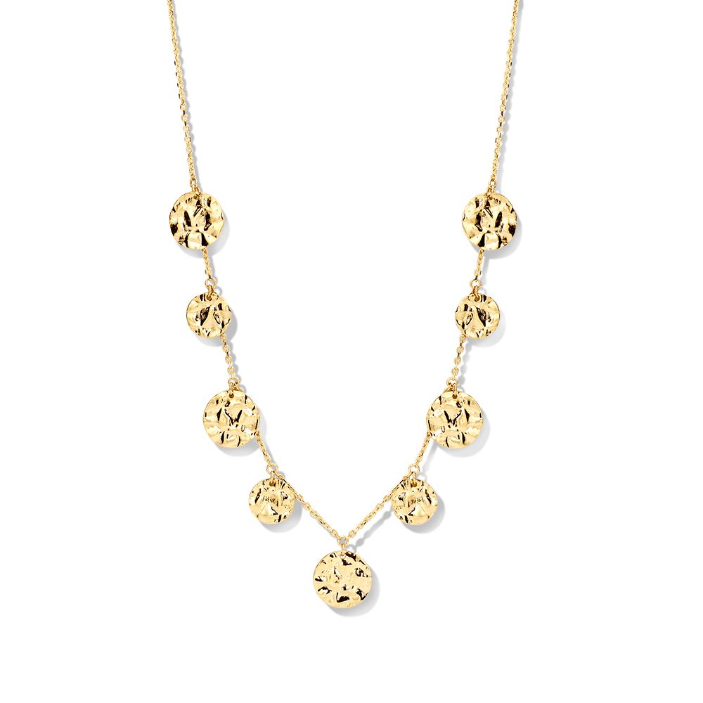 Geelgouden collier met gehamerde coins in een speelse, asymmetrische opstelling.