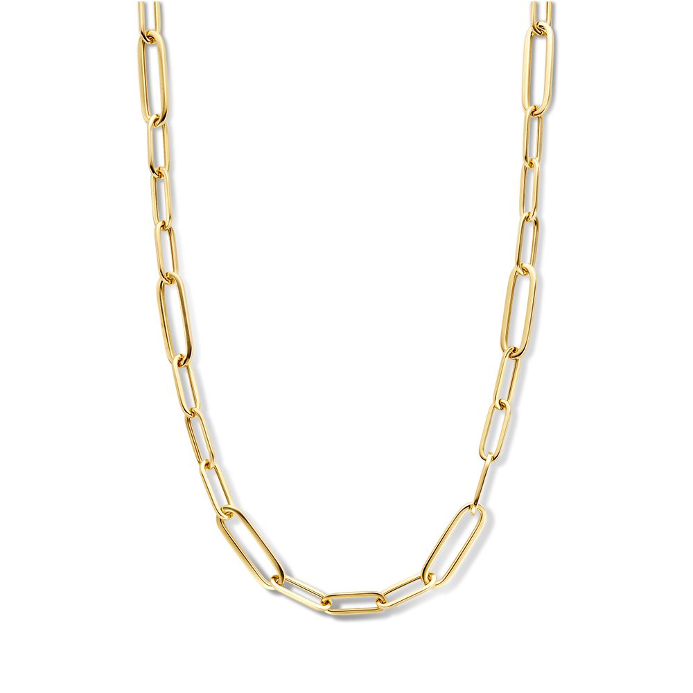 Geelgouden collier met een schakelsysteem en luxe karabijnsluiting.