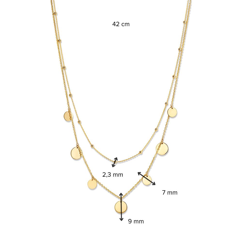 14K Geelgouden Collier met Dubbele Ketting en Coins – Modern Sieraad voor Dames