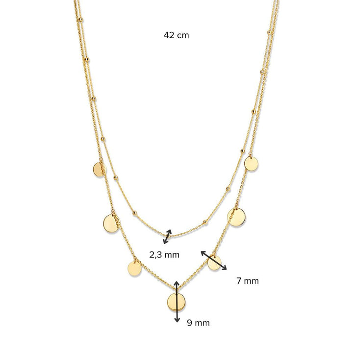14K Geelgouden Collier met Dubbele Ketting en Coins – Modern Sieraad voor Dames