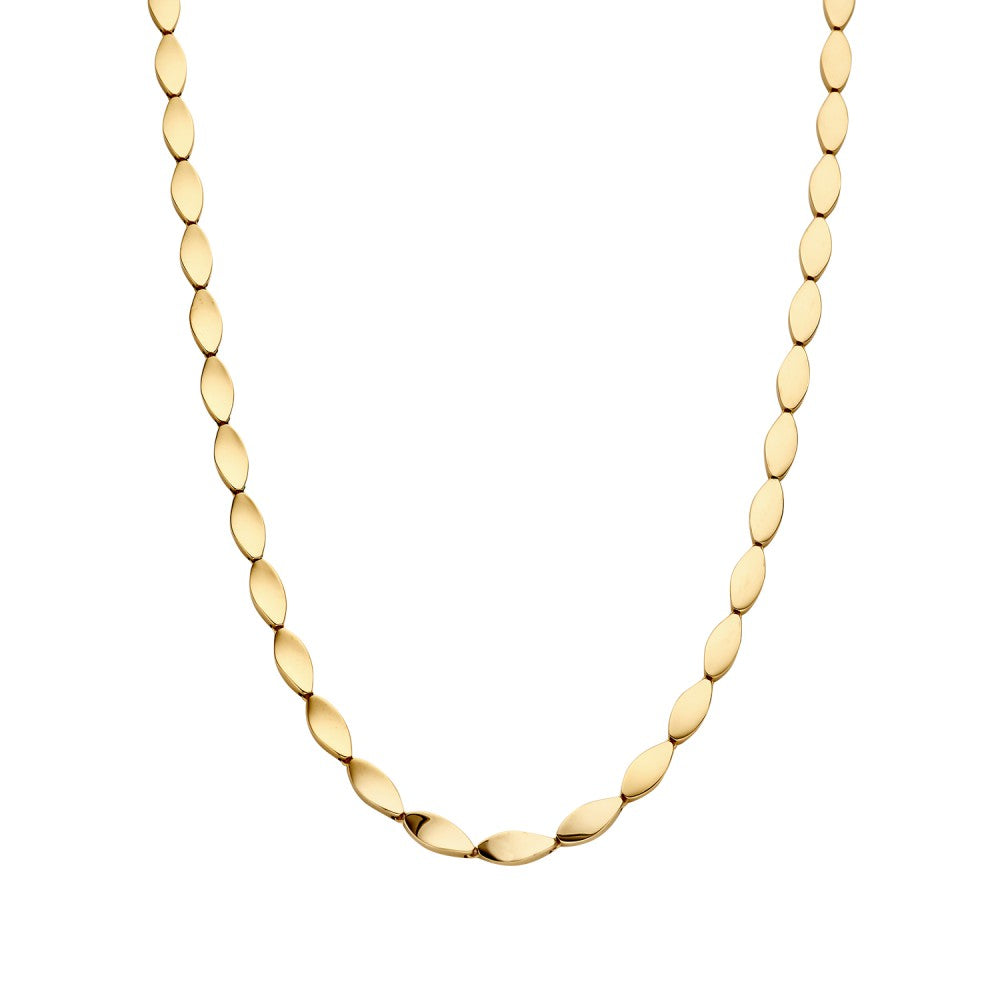 Geelgouden collier met speelse, ovale elementen in een schakelpatroon.