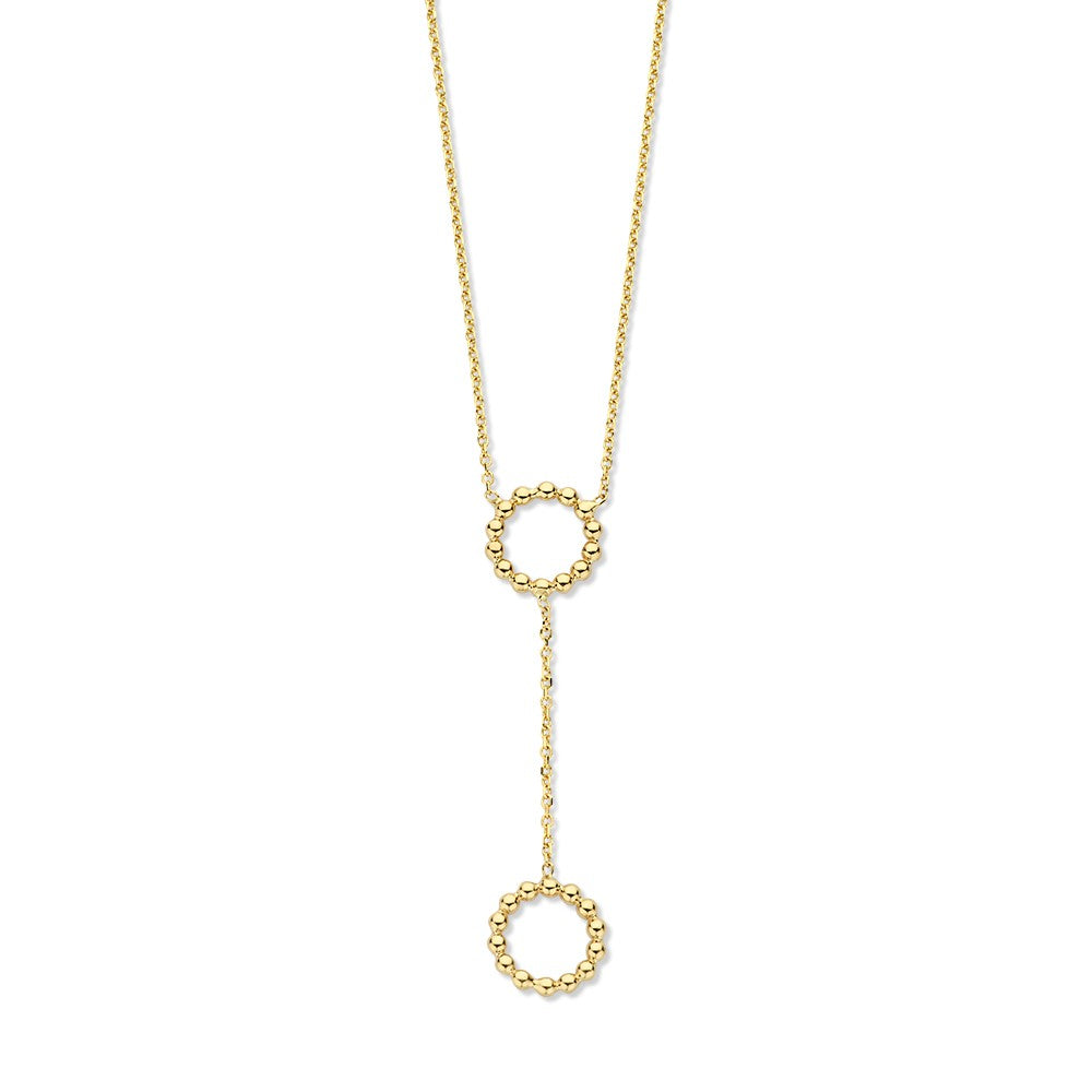 Geelgouden collier met twee ringen en een lange ketting, uitgevoerd in 14-karaat goud.