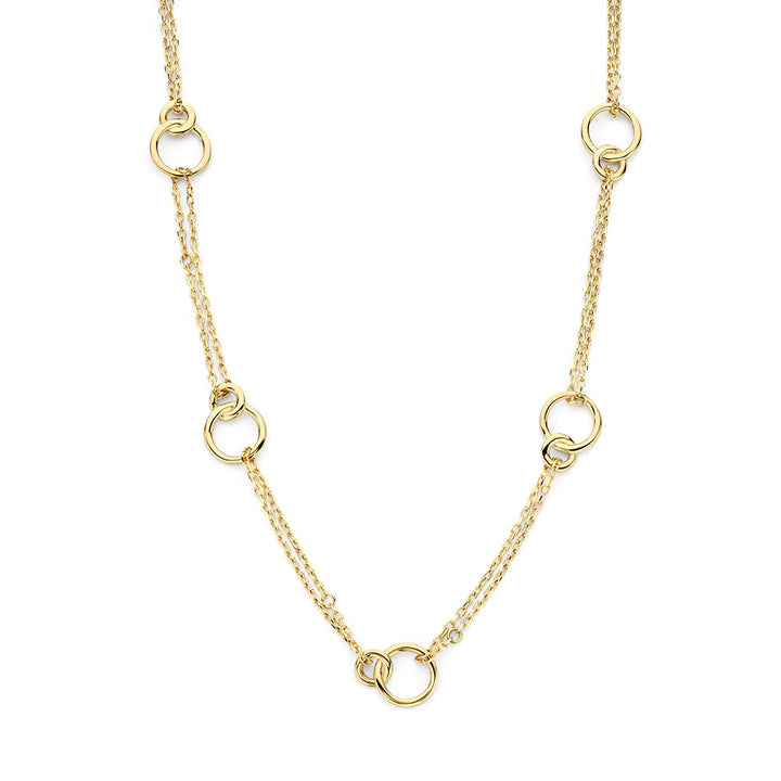 Geelgouden Collier met Dubbele Schakelketting en Verbonden Cirkels – 14-Karaat Elegantie voor Dames