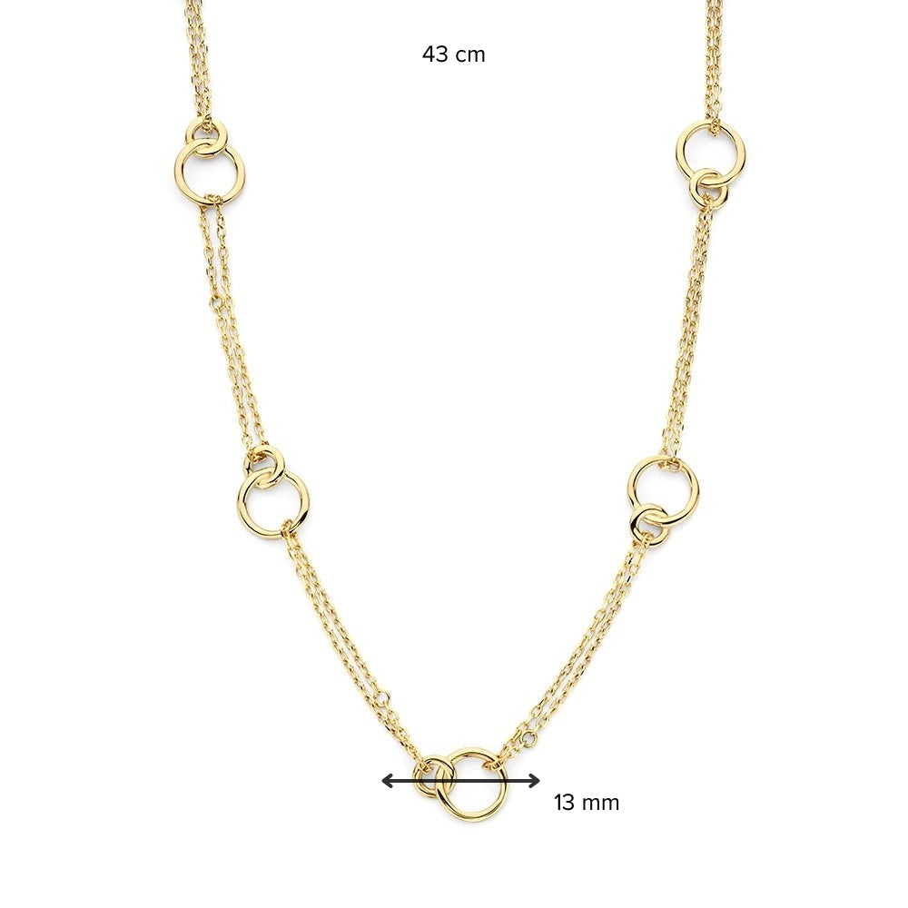 Geelgouden Collier met Dubbele Schakelketting en Verbonden Cirkels – 14-Karaat Elegantie voor Dames