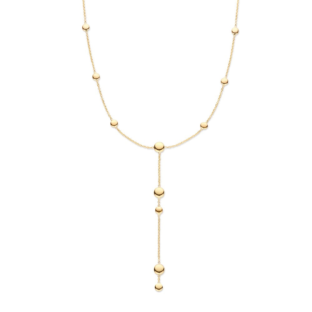 Geelgouden Y-collier met gouden pilletjes en een verlengde hanger.