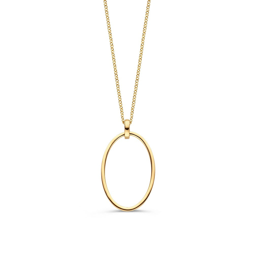 Geelgouden collier met een ovale open hanger, vervaardigd uit 14 karaat goud.