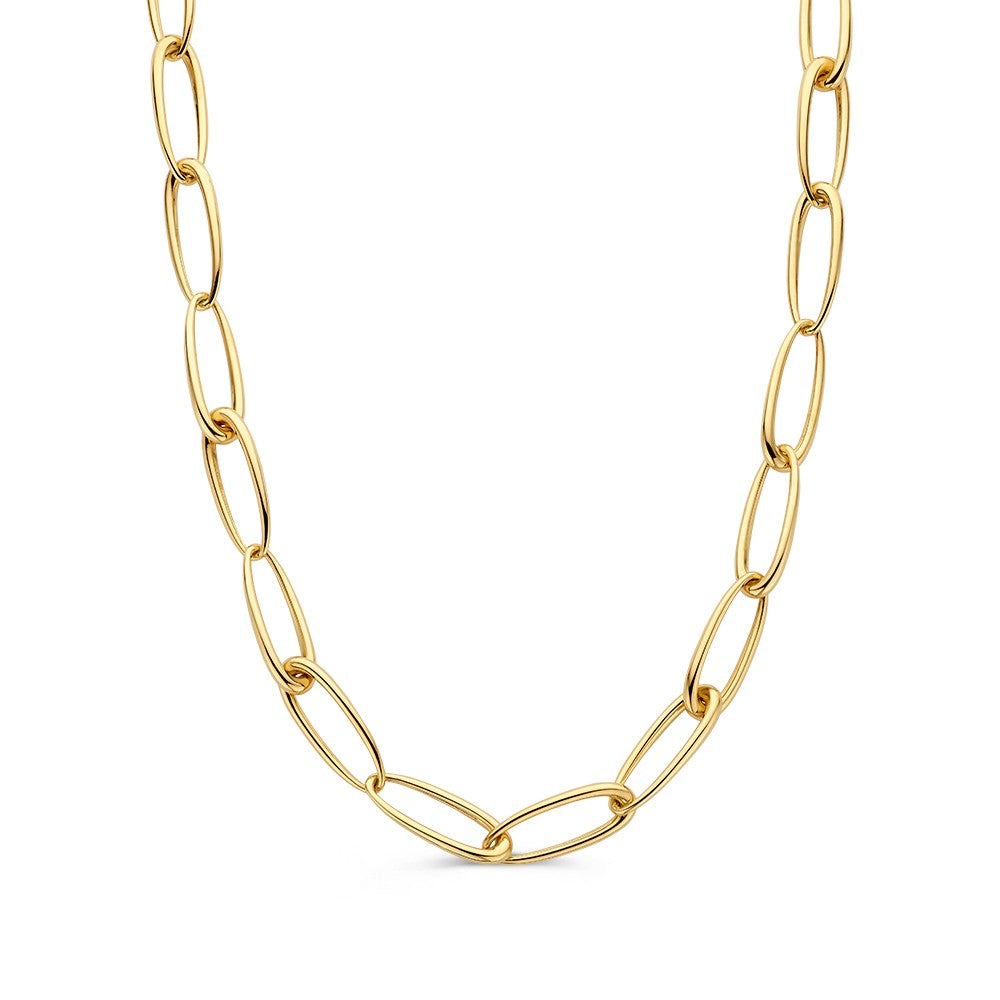 Geelgouden schakelcollier met asymmetrische schakels, vervaardigd uit 14 karaat goud.