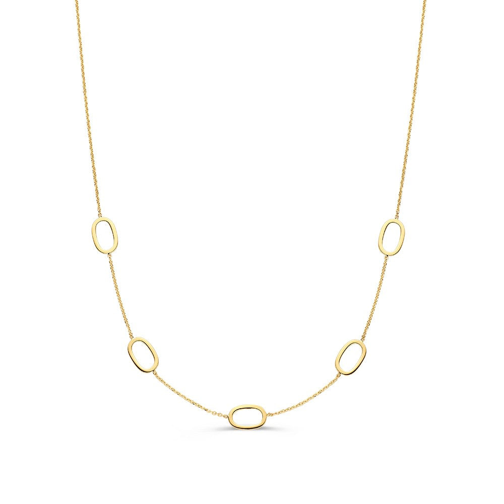 Geelgouden collier met opengewerkte ovale schakels, vervaardigd uit 14 karaat goud.