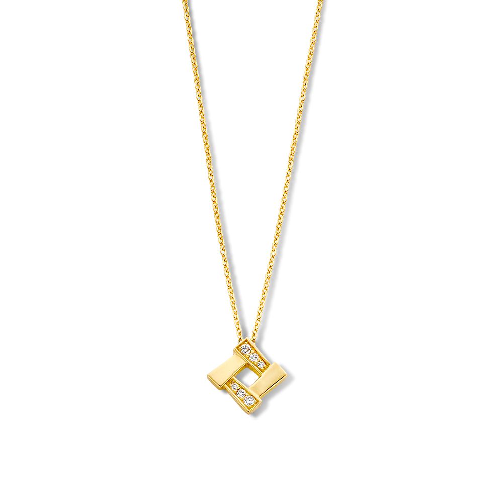 Geelgouden collier met een geometrische hanger, versierd met drie kleine diamanten.