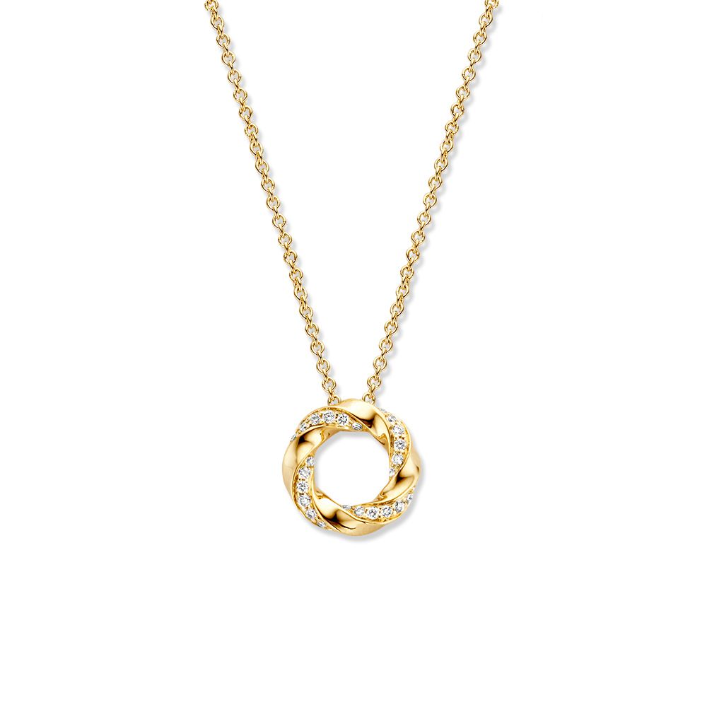 Geelgouden collier met een ronde hanger, versierd met fijne diamanten.