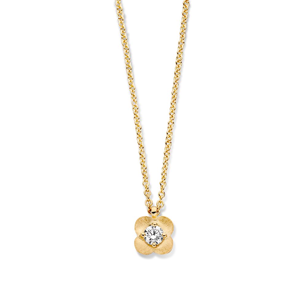 Geelgouden collier met een bloemvormige hanger en een centrale diamant.
