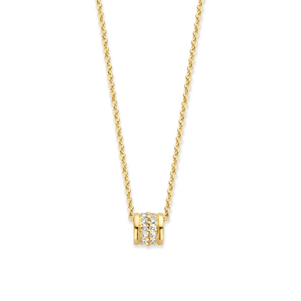 Geelgouden collier met een briljant geslepen diamant, fijne schakelketting en een opvallende diamantsetting.