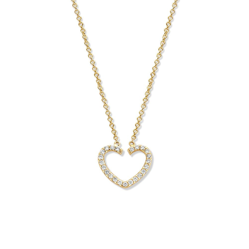 Geelgouden collier met een open hartjes hanger bezet met diamanten.