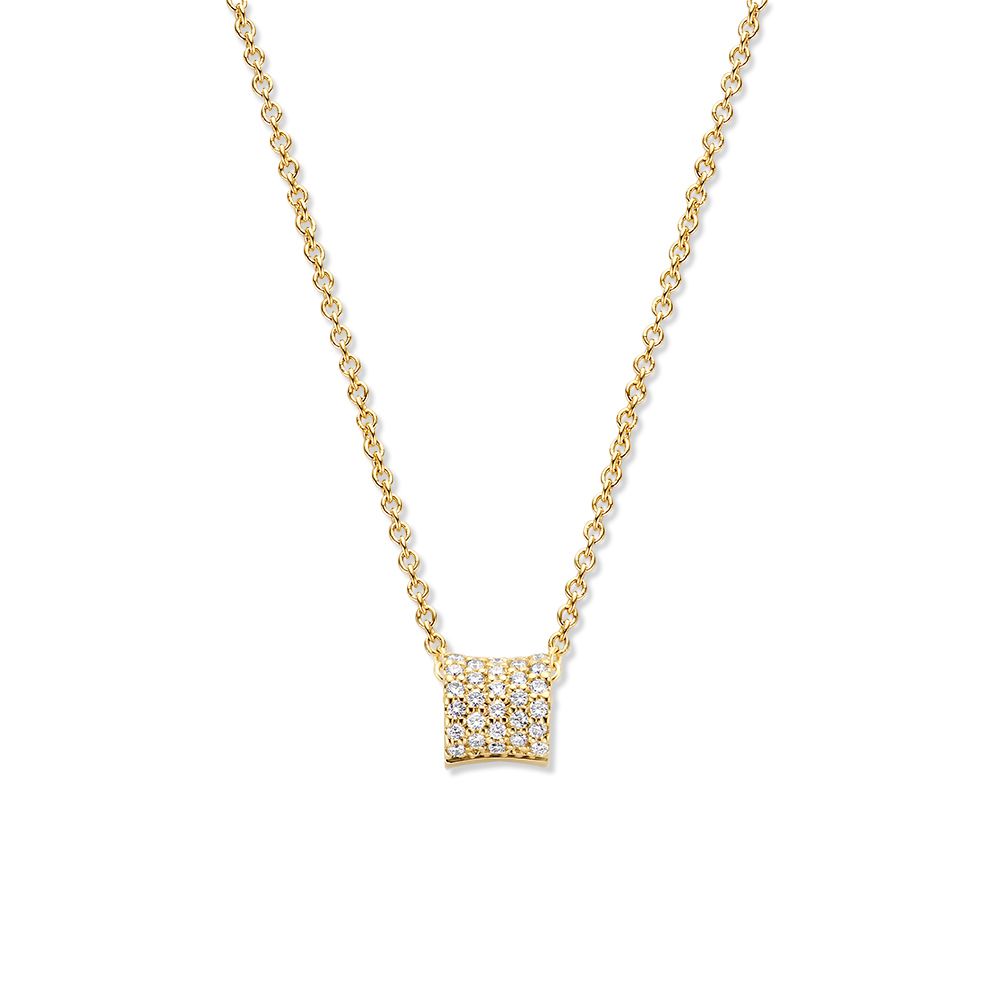 Geelgouden collier met een vierkant diamantdetail, 14 karaat, fijne schakelketting.