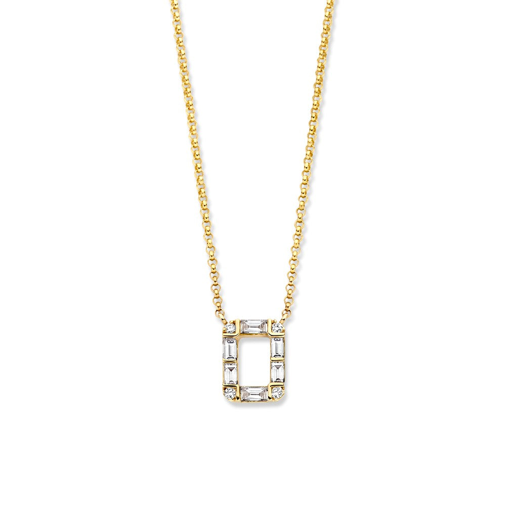 Geelgouden collier met een hanger van baguette en briljant diamanten, 14 karaat, 42-45 cm lang.