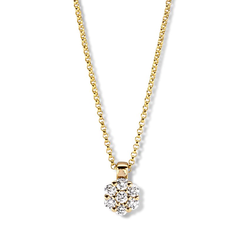 Geelgouden collier met een diamanten hanger in entourage zetting, 14 karaat.