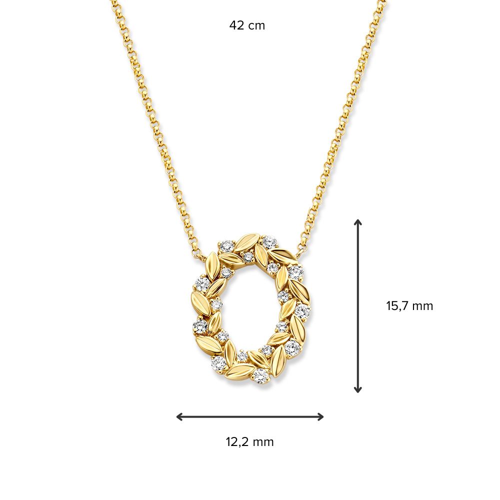 Geelgouden Collier met Gouden Blaadjes en Diamanten - 14 Karaat