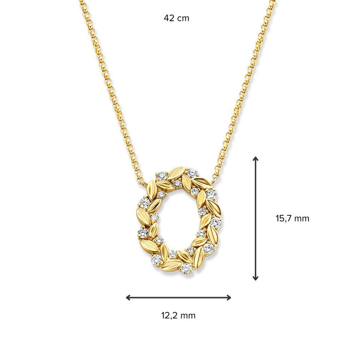 Geelgouden Collier met Gouden Blaadjes en Diamanten - 14 Karaat