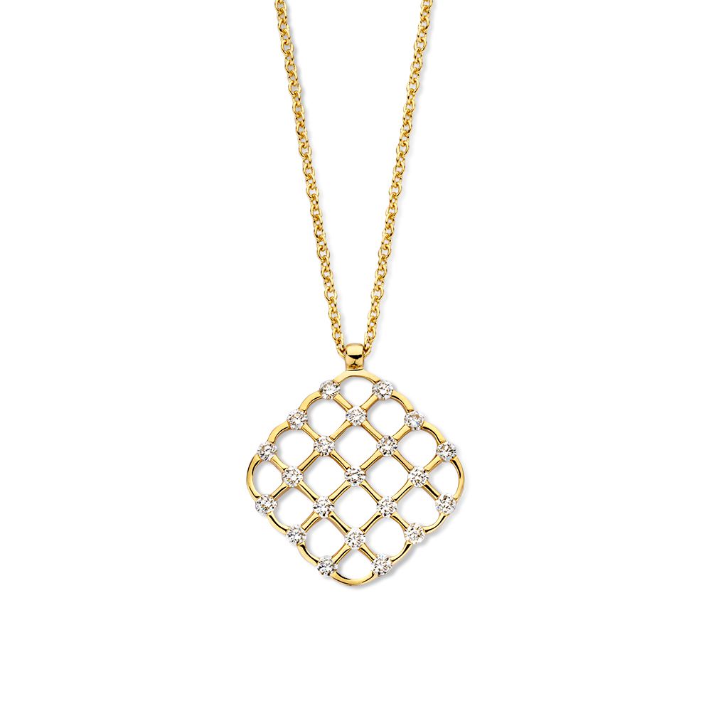Geelgouden collier met een diamanten hanger in een ruitvormige, opengewerkte zetting.