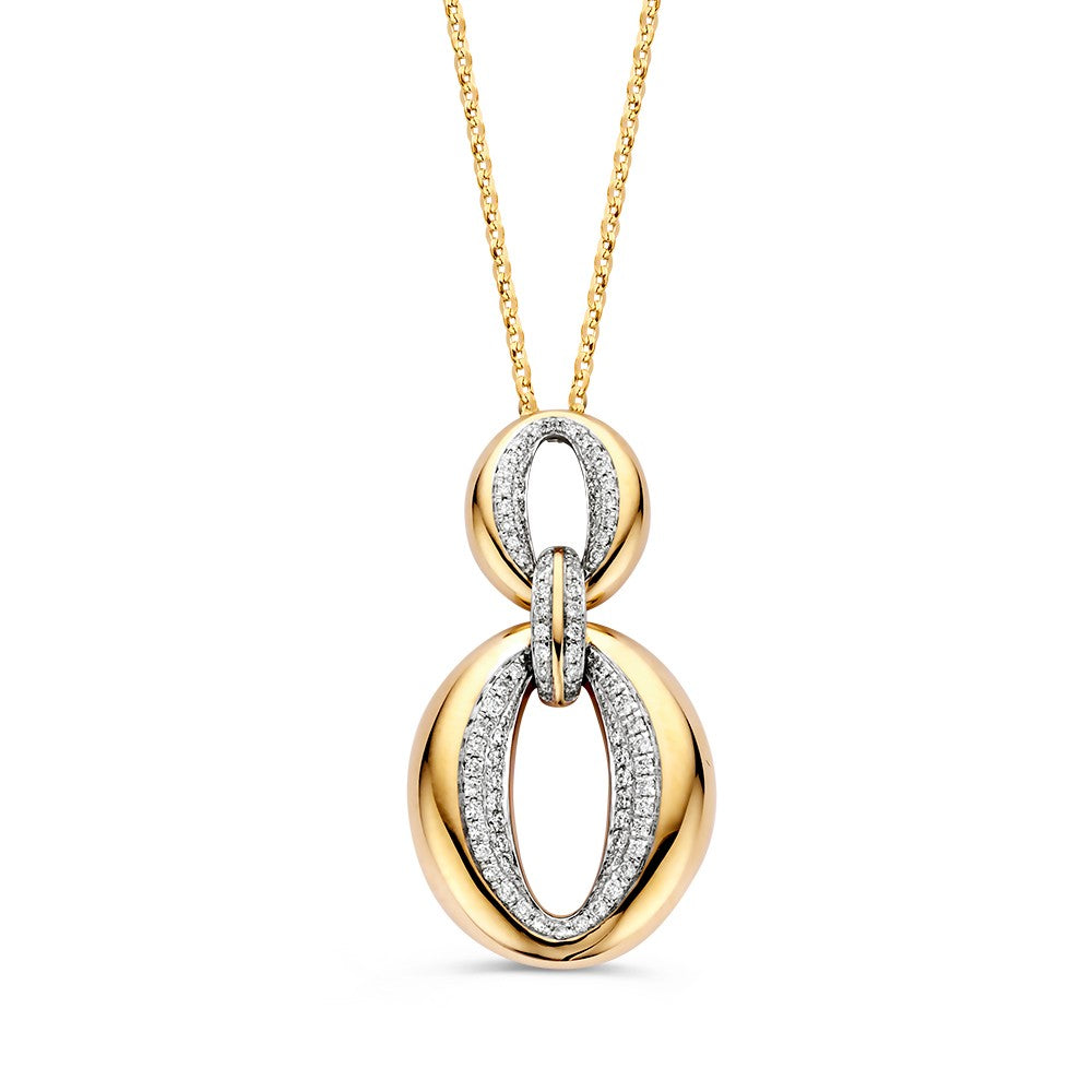 Geelgouden hanger met diamanten in een dubbele ovale vorm, hangend aan een fijn collier.
