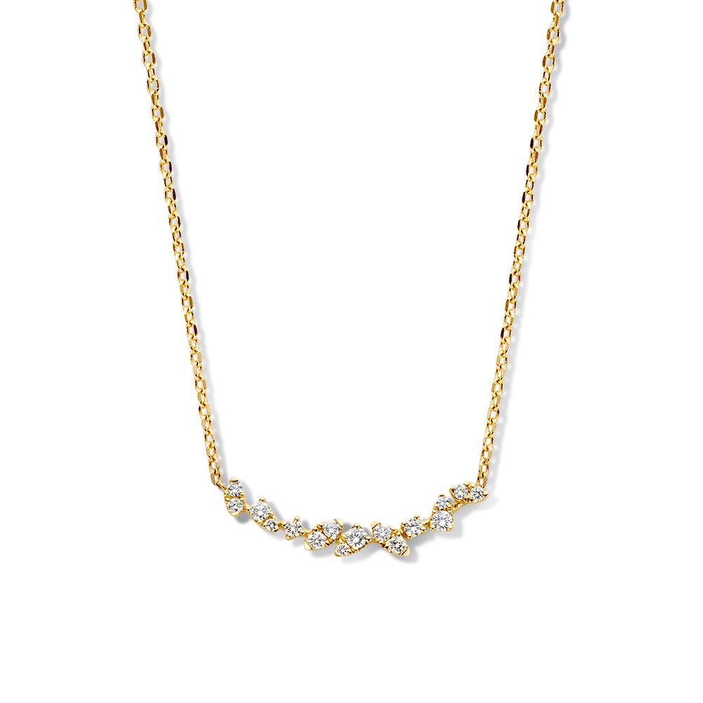 Geelgouden collier met een golvend tussenstuk bezet met diamanten, 14 karaat goud.