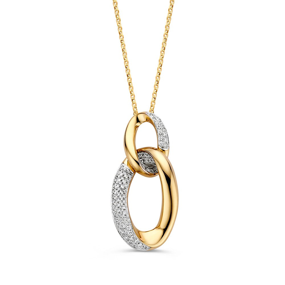 Geelgouden schakelhanger met diamanten, hangend aan een fijne gouden ketting.