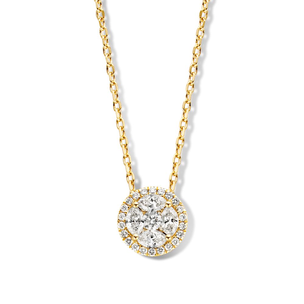 Geelgouden collier met een ronde hanger, omringd door briljant geslepen diamanten.