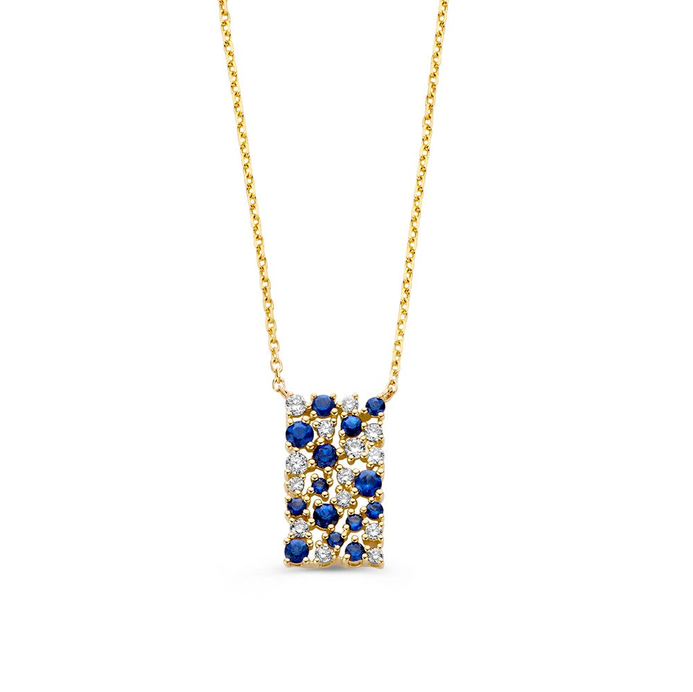 Geelgouden collier met een rechthoekige hanger, bezet met saffieren en diamanten.