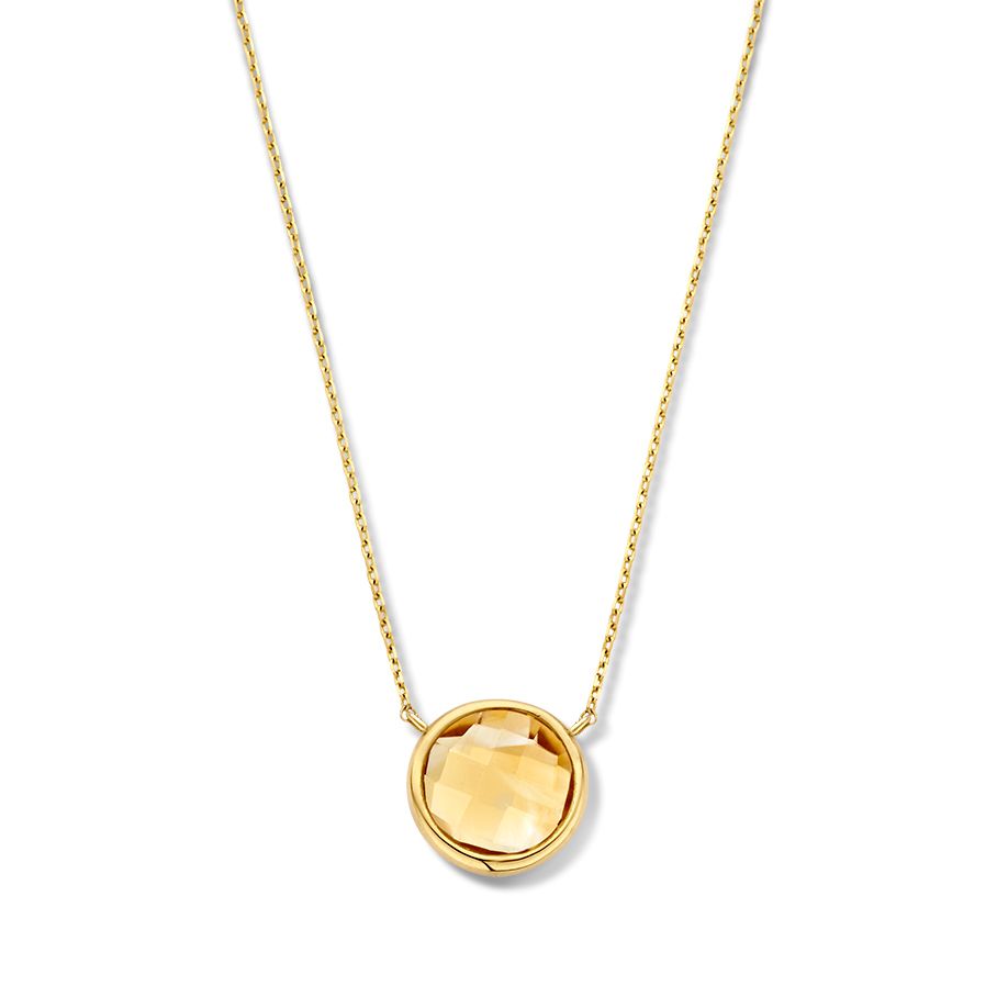 Geelgouden collier met een gefacetteerde citrien hanger in een ronde setting.