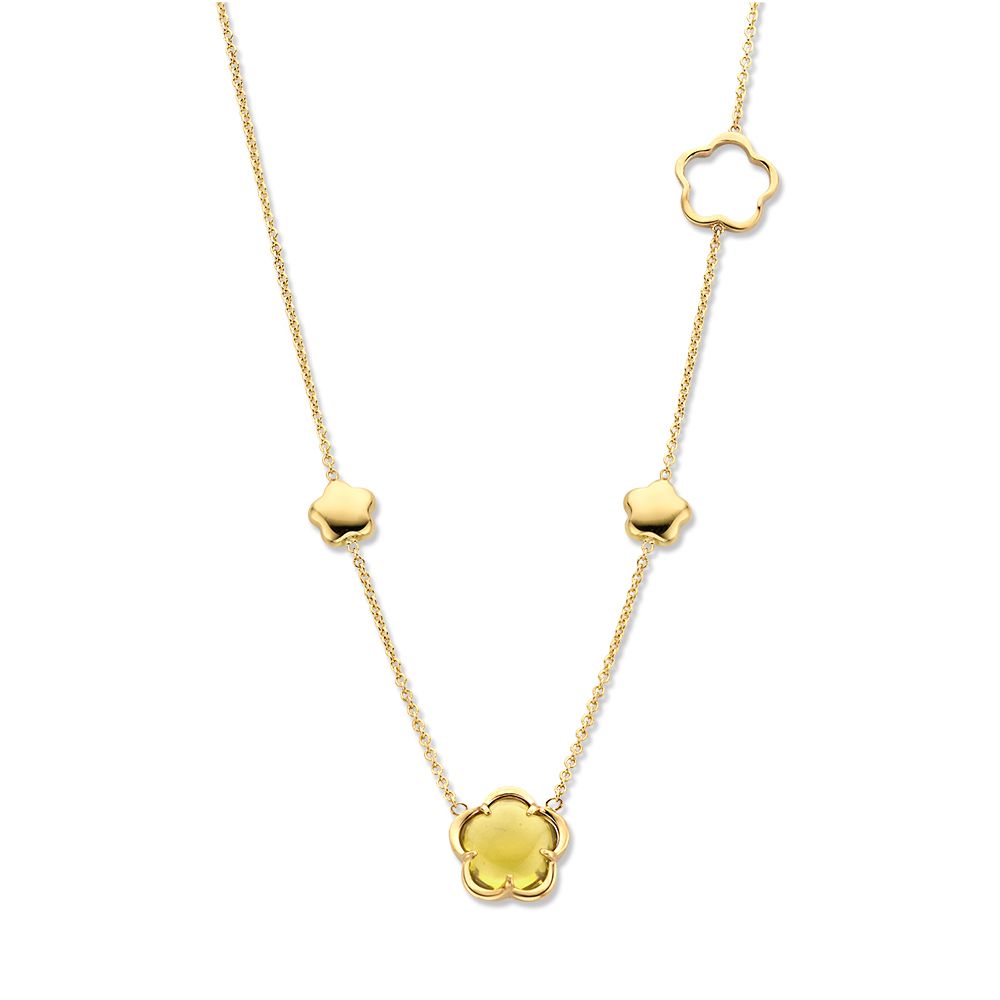 Geelgouden collier met bloemvormige schakels en groene kwarts, uitgevoerd in 14 karaat goud.