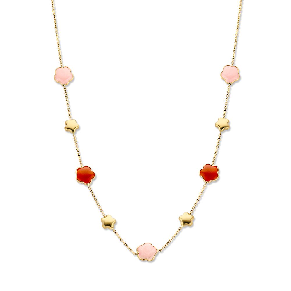Geelgouden collier met bloemvormige schakels en multicolor edelstenen in roze en oranje tinten.