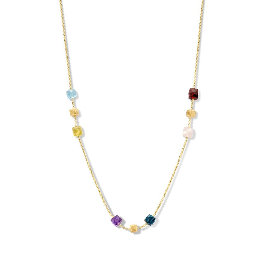 Geelgouden collier met matgouden elementen en multicolor edelstenen in verschillende vormen.
