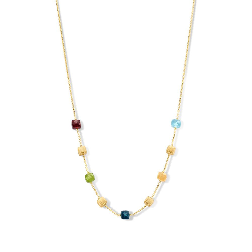 Geelgouden collier met matte gouden blokjes en multicolor edelstenen in verschillende vormen.