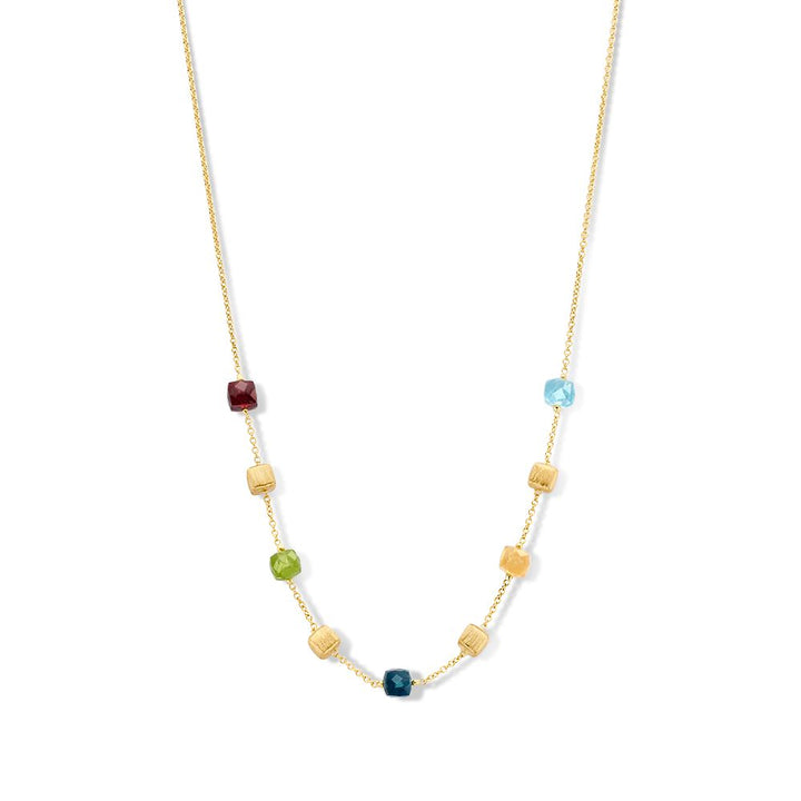 Geelgouden Collier met Matte Gouden Blokjes & Multicolor Edelstenen – 14 Karaat Goud