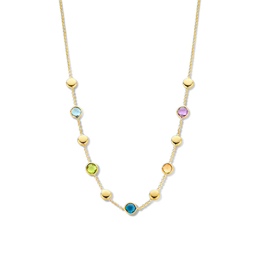 Geelgouden collier met multicolor kleurstenen en gouden accenten, voorzien van ronde en ovale schakels.